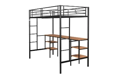 Metal Twin Size Low Loft Bed With Storage Shelf And Table, Black - ModernLuxe 9 Metal Twin Size Low Loft Bed With Storage Shelf And Table, Black - ModernLuxe - Image 7