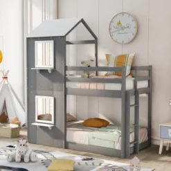 Twin Over Twin Wood Bunk Bed With Roof, Window, Guardrail, And Ladder-ModernLuxe 23 Twin Over Twin Wood Bunk Bed With Roof, Window, Guardrail, And Ladder-ModernLuxe -Children Furniture Store GUEST 039cf7b3 231f 4805 9724 7151e3340fe3