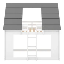 Twin Over Twin Wood House Bunk Bed With Roof And Built-in Ladder, White-ModernLuxe -Children Furniture Store GUEST 04382b61 0b2a 425d 9693 2f2675760aac