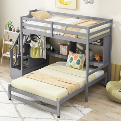 Twin Over Full Bunk Bed With Storage Stairs, Desk, Shelves And Hanger - ModernLuxe 4 Twin Over Full Bunk Bed With Storage Stairs, Desk, Shelves And Hanger - ModernLuxe - Image 2