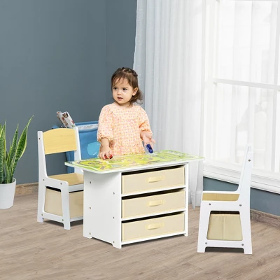 Qaba 3-in-1 Activity Table And Chair Set, Modern Kids Writing Desk Set, Bricks And Roads Style Table And Chair Set, 3pc Total, White 4 Qaba 3-in-1 Activity Table And Chair Set, Modern Kids Writing Desk Set, Bricks And Roads Style Table And Chair Set, 3pc Total, White - Image 2
