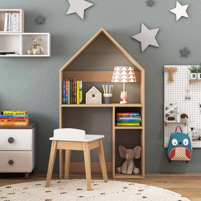 Costway Kids House-Shaped Table & Chair Set Wooden Toy Organizer Cabinet With Blackboard Grey/White 3 Costway Kids House-Shaped Table & Chair Set Wooden Toy Organizer Cabinet With Blackboard Grey/White