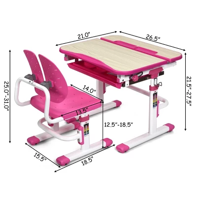 Costway Children Desk Chair Set Adjustable Study Table Drawer Winged Backrest Chair 3 Costway Children Desk Chair Set Adjustable Study Table Drawer Winged Backrest Chair