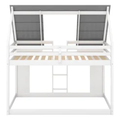 Twin Over Twin Wood House Bunk Bed With Roof And Built-in Ladder, White-ModernLuxe -Children Furniture Store GUEST 36022c20 211f 4488 b117 e5f3747a4195
