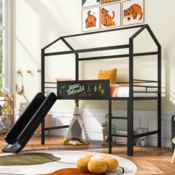 Twin Size Metal House Loft Bed With Slide And Two-Sided Writable Wooden Board-ModernLuxe 18 Twin Size Metal House Loft Bed With Slide And Two-Sided Writable Wooden Board-ModernLuxe -Children Furniture Store GUEST 3785b0a5 2630 48d7 bfa6 506582bf7470
