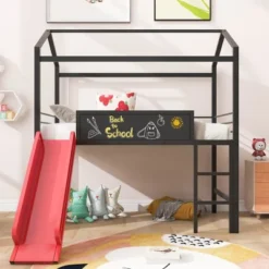 Twin Size Metal House Loft Bed With Slide And Two-Sided Writable Wooden Board-ModernLuxe