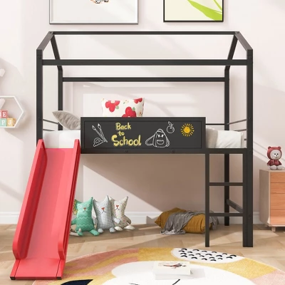 Twin Size Metal House Loft Bed With Slide And Two-Sided Writable Wooden Board-ModernLuxe 3 Twin Size Metal House Loft Bed With Slide And Two-Sided Writable Wooden Board-ModernLuxe
