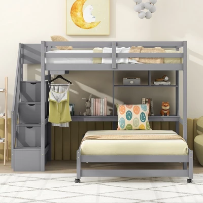 Twin Over Full Bunk Bed With Storage Stairs, Desk, Shelves And Hanger - ModernLuxe 3 Twin Over Full Bunk Bed With Storage Stairs, Desk, Shelves And Hanger - ModernLuxe