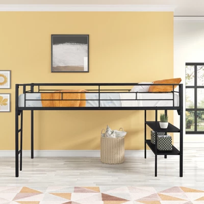 Metal Twin Size Low Loft Bed With Storage Shelf And Stairs, Black - ModernLuxe 3 Metal Twin Size Low Loft Bed With Storage Shelf And Stairs, Black - ModernLuxe