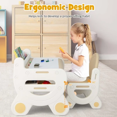 Costway Kids Drawing Table & Chair Set For Reading Playing With Pens & Blackboard Eraser Blue/Brown 4 Costway Kids Drawing Table & Chair Set For Reading Playing With Pens & Blackboard Eraser Blue/Brown - Image 2