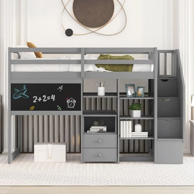 Twin Size Wood Loft Bed With Pullable Desk, Storage Shelves,Staircase And Blackboard-ModernLuxe 3 Twin Size Wood Loft Bed With Pullable Desk, Storage Shelves,Staircase And Blackboard-ModernLuxe