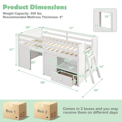 Costway Twin Size Low Loft Bed With Storage Drawer Activity Center Solid Wood Bed Frame 4 Costway Twin Size Low Loft Bed With Storage Drawer Activity Center Solid Wood Bed Frame - Image 2