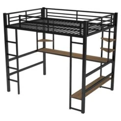 Full Size Metal Loft Bed With Long Desk And Shelves, Black - ModernLuxe -Children Furniture Store GUEST 71749765 f51a 428f b414 8f72d4dac0ee