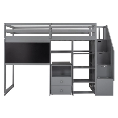 Twin Size Wood Loft Bed With Pullable Desk, Storage Shelves,Staircase And Blackboard-ModernLuxe 6 Twin Size Wood Loft Bed With Pullable Desk, Storage Shelves,Staircase And Blackboard-ModernLuxe - Image 4
