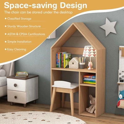Costway Kids House-Shaped Table & Chair Set Wooden Toy Organizer Cabinet With Blackboard Grey/White 7 Costway Kids House-Shaped Table & Chair Set Wooden Toy Organizer Cabinet With Blackboard Grey/White - Image 5