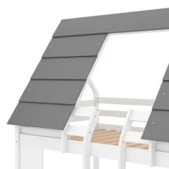 Twin Over Twin Wood House Bunk Bed With Roof And Built-in Ladder, White-ModernLuxe -Children Furniture Store GUEST 8003d2e5 55a7 4abe 91e1 ed89c97dd714