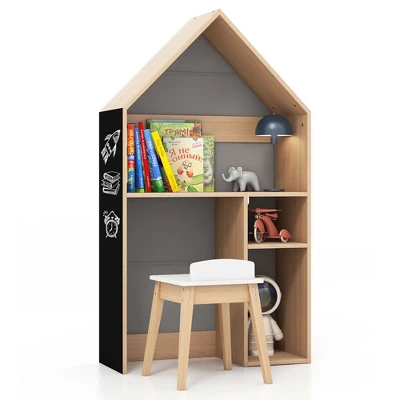 Costway Kids House-Shaped Table & Chair Set Wooden Toy Organizer Cabinet With Blackboard Grey/White 12 Costway Kids House-Shaped Table & Chair Set Wooden Toy Organizer Cabinet With Blackboard Grey/White - Image 10