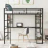 Full Size Metal Loft Bed With Long Desk And Shelves, Black - ModernLuxe