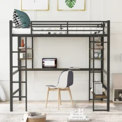 Full Size Metal Loft Bed With Long Desk And Shelves, Black - ModernLuxe