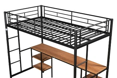 Metal Twin Size Low Loft Bed With Storage Shelf And Table, Black - ModernLuxe 10 Metal Twin Size Low Loft Bed With Storage Shelf And Table, Black - ModernLuxe - Image 8