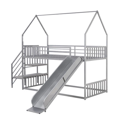 Twin Over Twin Metal Bunk Bed House Bed With Slide And Staircase-ModernLuxe 6 Twin Over Twin Metal Bunk Bed House Bed With Slide And Staircase-ModernLuxe - Image 4