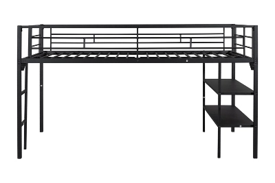 Metal Twin Size Low Loft Bed With Storage Shelf And Stairs, Black - ModernLuxe 9 Metal Twin Size Low Loft Bed With Storage Shelf And Stairs, Black - ModernLuxe - Image 7