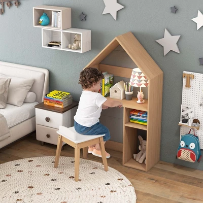 Costway Kids House-Shaped Table & Chair Set Wooden Toy Organizer Cabinet With Blackboard Grey/White 4 Costway Kids House-Shaped Table & Chair Set Wooden Toy Organizer Cabinet With Blackboard Grey/White - Image 2