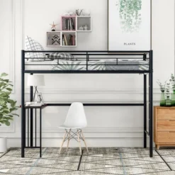 Twin Size Metal Loft Bed With Desk, Ladder And Railing - ModernLuxe