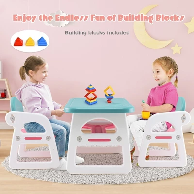 Costway 3-Piece Kids Table And Chair Set Toddler Activity Study Desk With Building Blocks 3 Costway 3-Piece Kids Table And Chair Set Toddler Activity Study Desk With Building Blocks