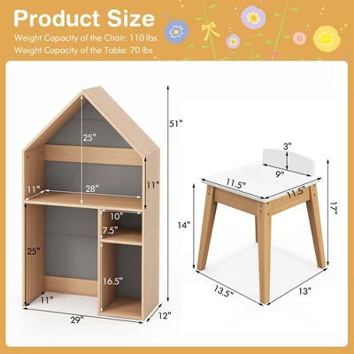 Costway Kids House-Shaped Table & Chair Set Wooden Toy Organizer Cabinet With Blackboard Grey/White 5 Costway Kids House-Shaped Table & Chair Set Wooden Toy Organizer Cabinet With Blackboard Grey/White - Image 3