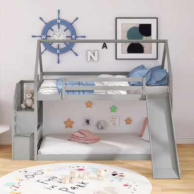 Twin Over Twin Bunk Bed In House Shape With Slide And Storage Staircase-ModernLuxe 3 Twin Over Twin Bunk Bed In House Shape With Slide And Storage Staircase-ModernLuxe