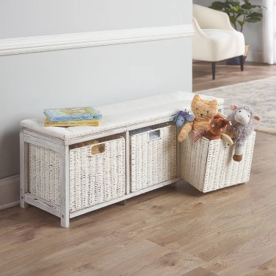 Badger Basket Kid's Storage Bench With Woven Top And Baskets White 4 Badger Basket Kid's Storage Bench With Woven Top And Baskets White - Image 2