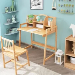 Costway Bamboo Kids Study Desk And Chair Set Height Adjustable Home School W/ Bookshelf -Children Furniture Store GUEST c6da1f18 9aaf 4d5c ba3a eee9f2393b06