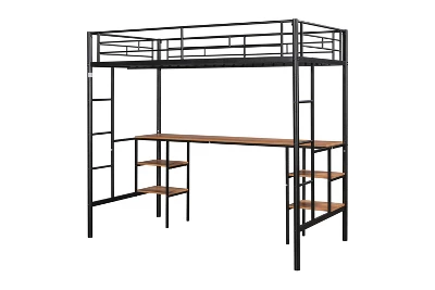 Metal Twin Size Low Loft Bed With Storage Shelf And Table, Black - ModernLuxe 7 Metal Twin Size Low Loft Bed With Storage Shelf And Table, Black - ModernLuxe - Image 5