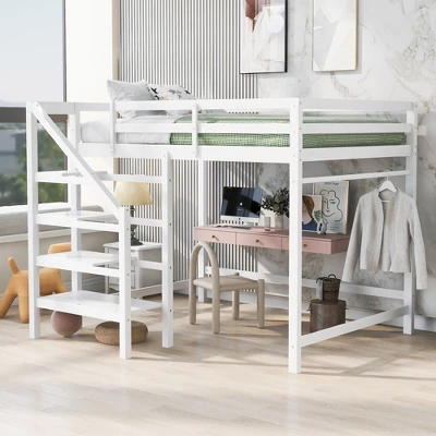 Full Size Loft Bed With Staircase And Safety Guardrails Gray/White-ModernLuxe 14 Full Size Loft Bed With Staircase And Safety Guardrails Gray/White-ModernLuxe - Image 12