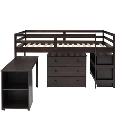 Low Twin Loft Bed With Cabinet And Rolling Portable Desk - ModernLuxe 3 Low Twin Loft Bed With Cabinet And Rolling Portable Desk - ModernLuxe