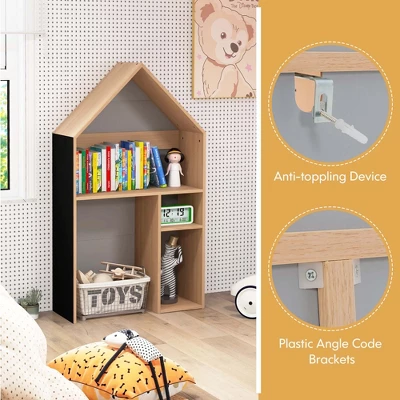 Costway Kids House-Shaped Table & Chair Set Wooden Toy Organizer Cabinet With Blackboard Grey/White 8 Costway Kids House-Shaped Table & Chair Set Wooden Toy Organizer Cabinet With Blackboard Grey/White - Image 6