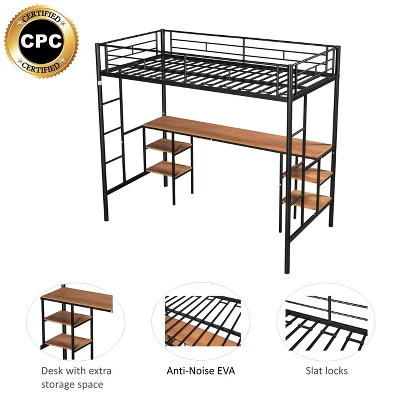 Metal Twin Size Low Loft Bed With Storage Shelf And Table, Black - ModernLuxe 5 Metal Twin Size Low Loft Bed With Storage Shelf And Table, Black - ModernLuxe - Image 3