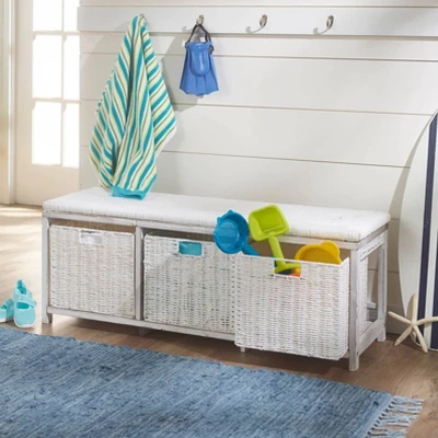 Badger Basket Kid's Storage Bench With Woven Top And Baskets White 3 Badger Basket Kid's Storage Bench With Woven Top And Baskets White