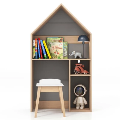 Costway Kids House-Shaped Table & Chair Set Wooden Toy Organizer Cabinet With Blackboard Grey/White 11 Costway Kids House-Shaped Table & Chair Set Wooden Toy Organizer Cabinet With Blackboard Grey/White - Image 9