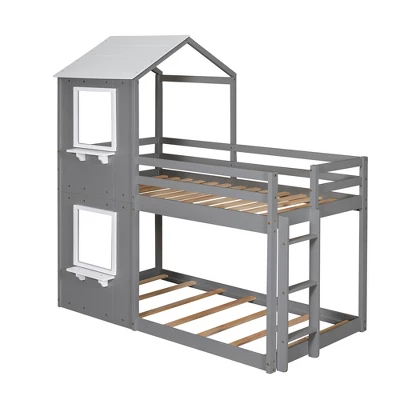 Twin Over Twin Wood Bunk Bed With Roof, Window, Guardrail, And Ladder-ModernLuxe 4 Twin Over Twin Wood Bunk Bed With Roof, Window, Guardrail, And Ladder-ModernLuxe - Image 2